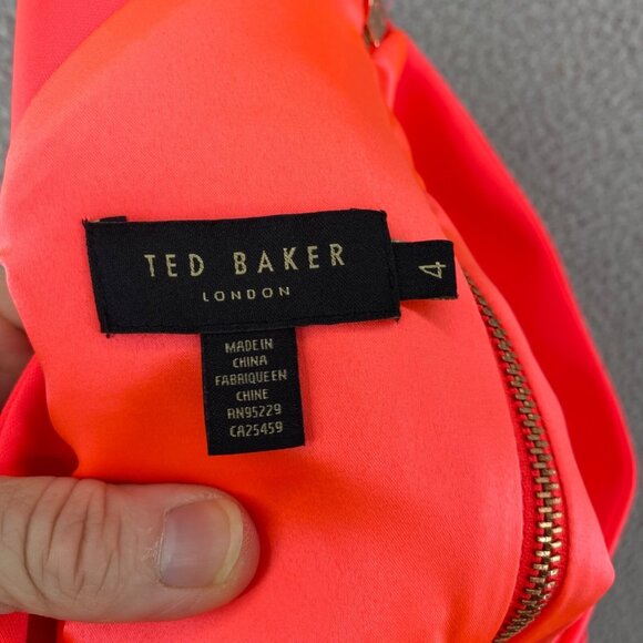 Ted Baker Dress Womens 4 US 10 Bright Coral Scuba Neoprene Bodycon V Neck Midi - Picture 6 of 11